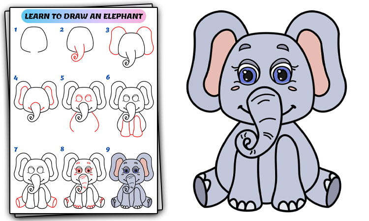 how to draw a cartoon elephant step by step