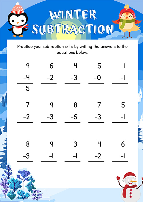 Subtraction within 10 picture worksheet