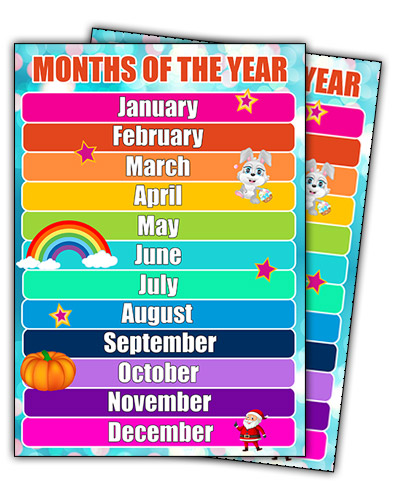 Child Kids Months of the Year Poster Educational Wall Charts Pirates Theme 