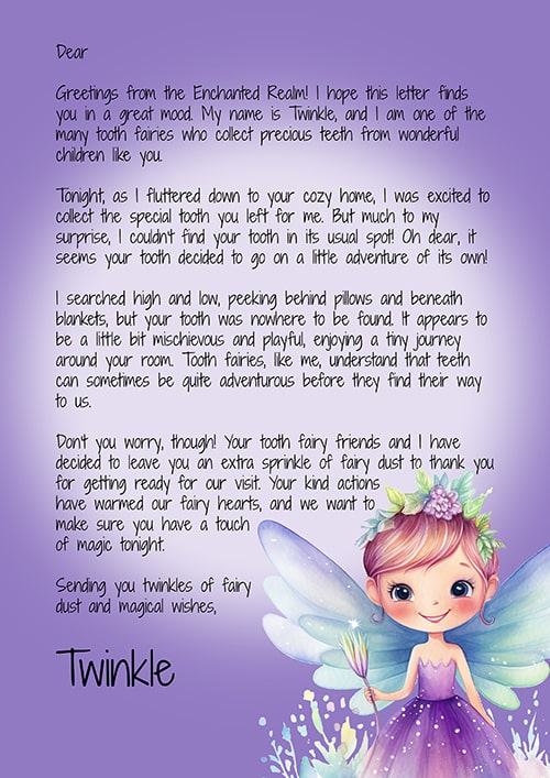 lost can't find tooth for tooth fairy letter