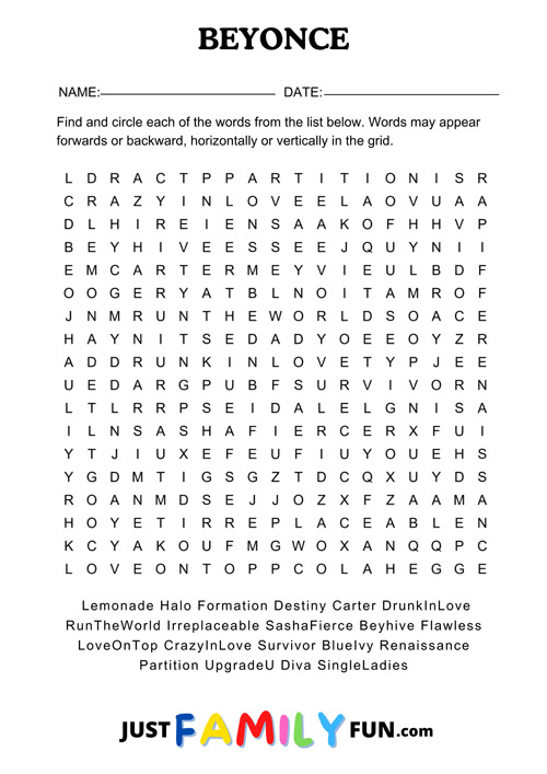 Beyonce wordsearch