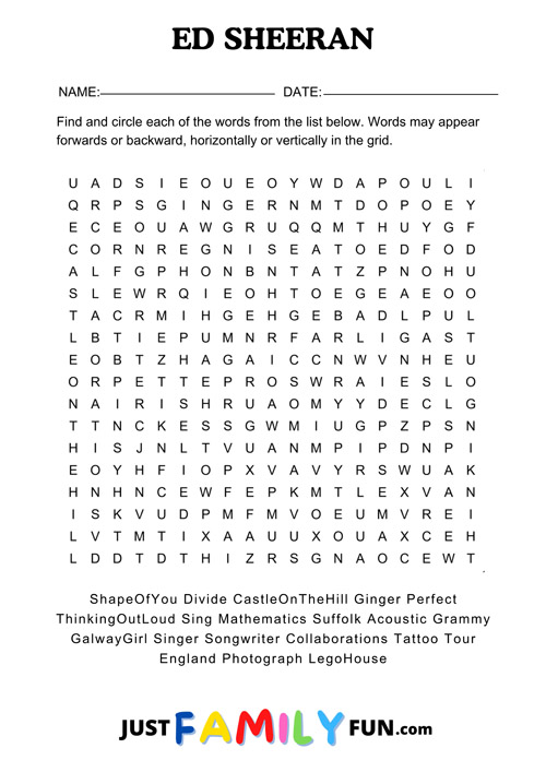 Ed sheeran wordsearch