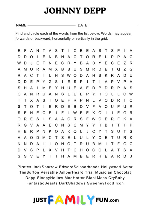 johny depp wordsearch