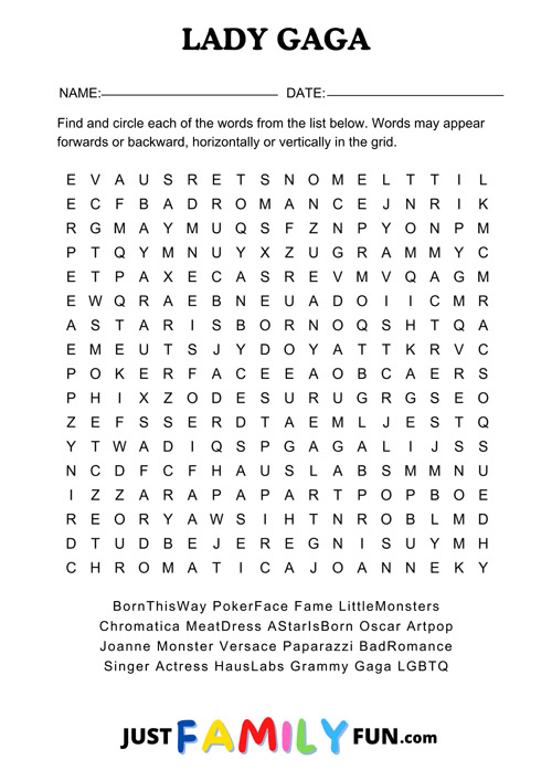 lady gaga wordsearch