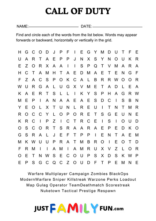 call of duty wordsearch