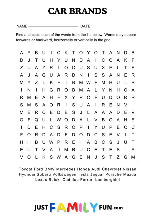 cars wordsearch