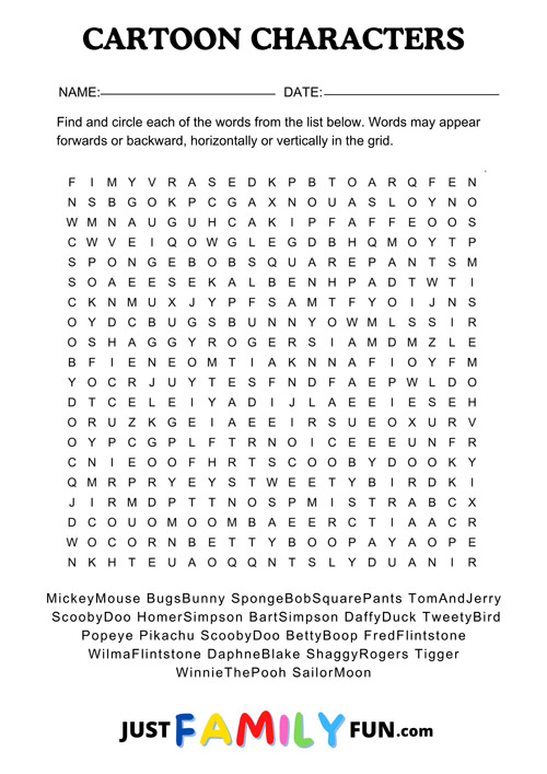 cartoon characters wordsearch