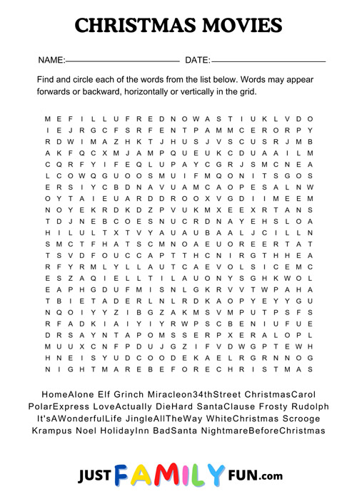 christmas movies wordsearch