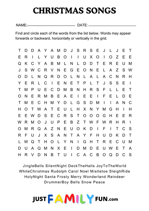 christmas songs wordsearch