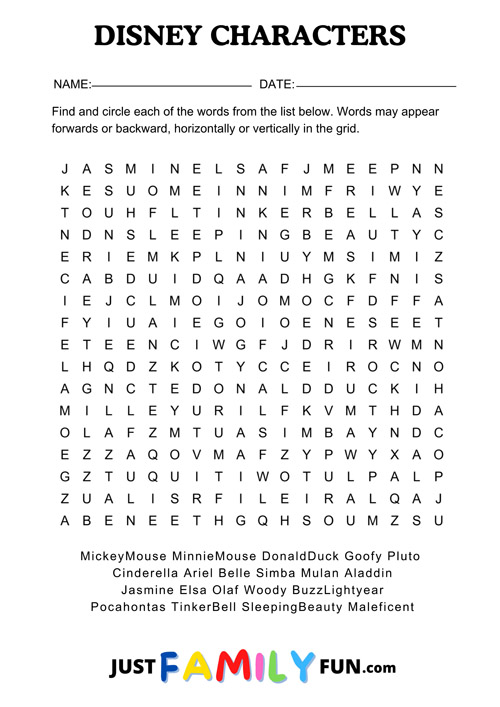 disney characters wordsearch