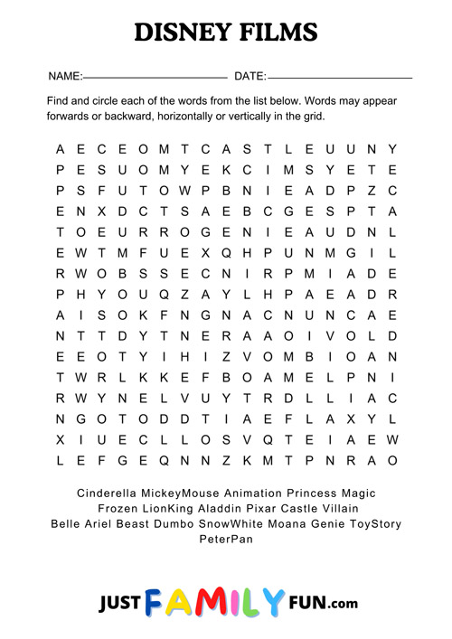 disney films wordsearch