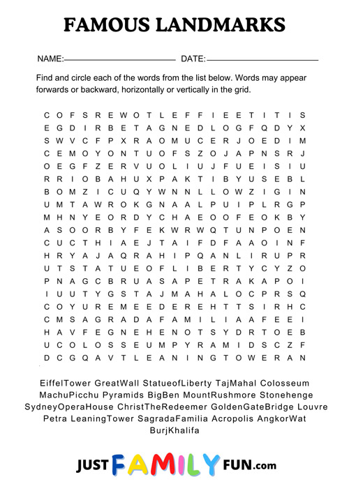 landmarks wordsearch