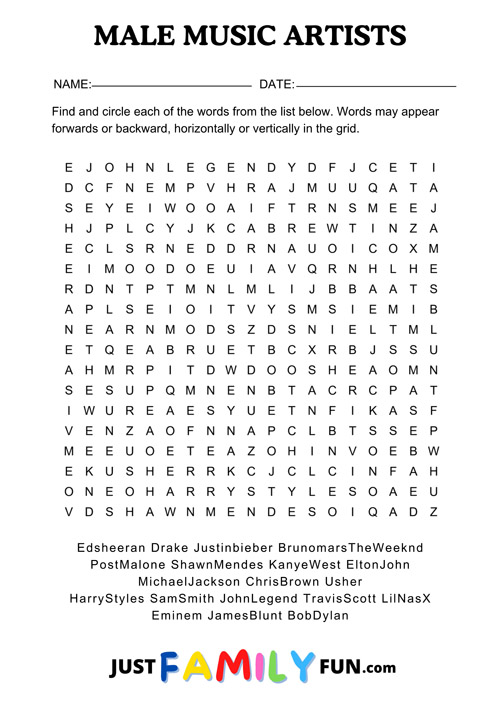 male artist wordsearch