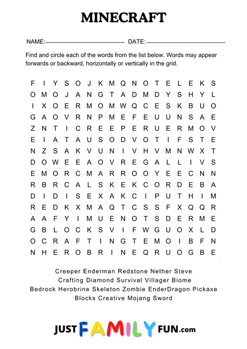 minecraft wordsearch