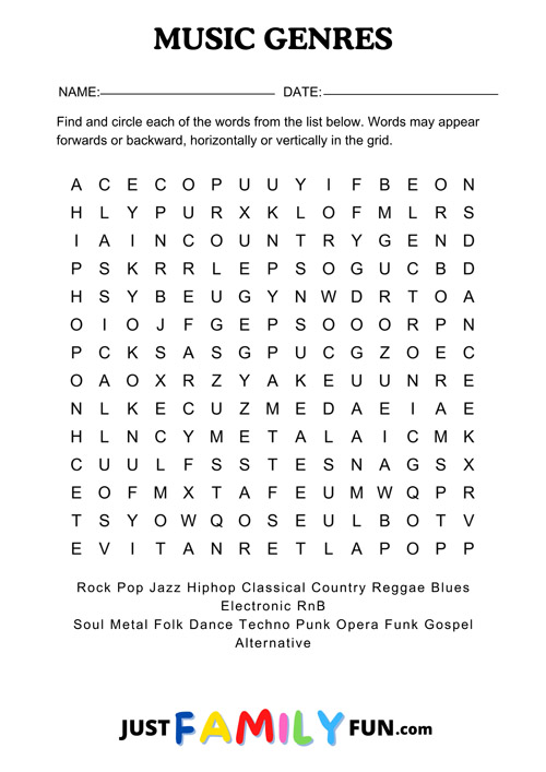 music genres wordsearch