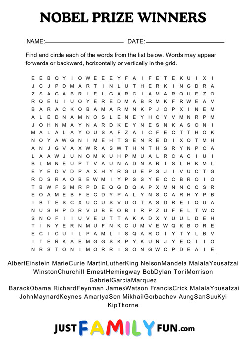 nobel winners wordsearch