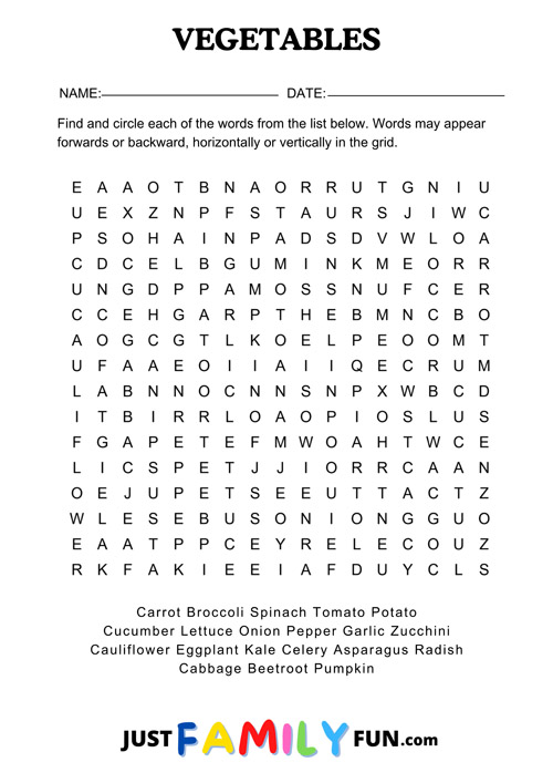 vegetables word search