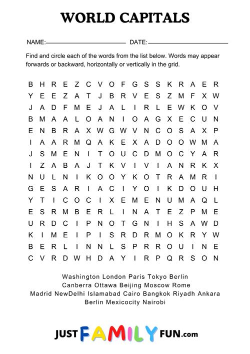 world capitals word search