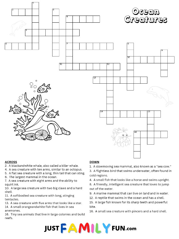 Ocean Creatures Crossword Puzzle