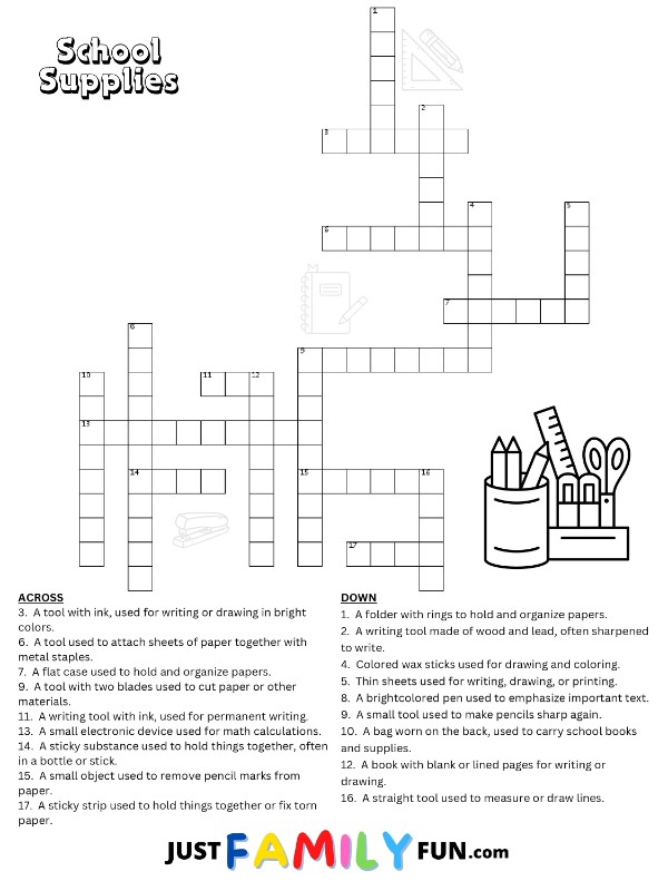 School Supplies Crossword Puzzle