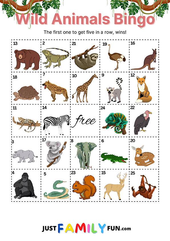 wild animal bingo cards