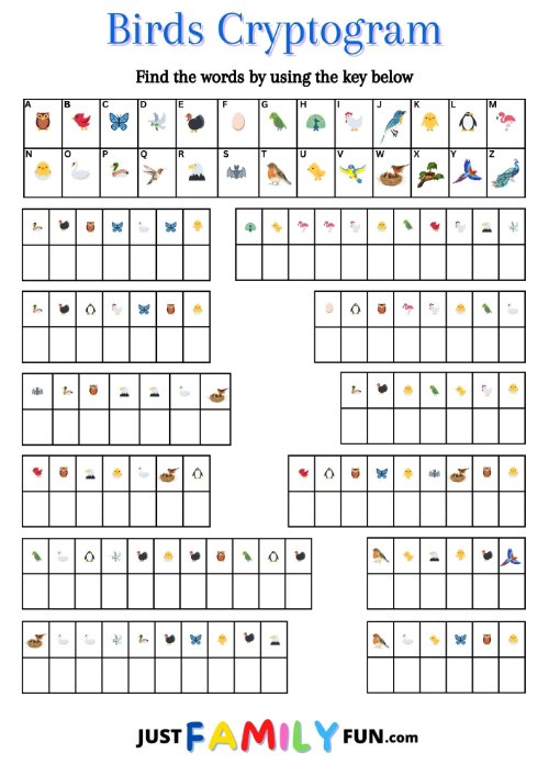 birds Printable Cryptogram Puzzles