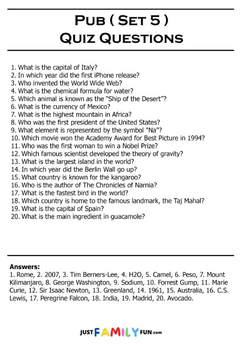 printable pub quiz questions and answers