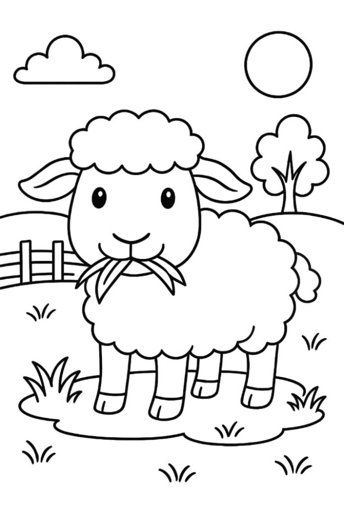 Sheep Eating Grass Coloring Page