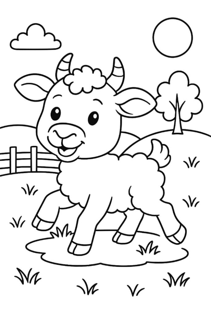 Baby Goat Playing Coloring Page