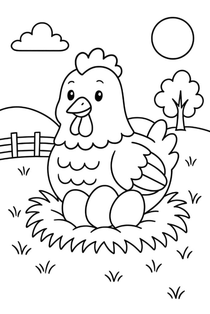 Hen with Eggs Coloring Page
