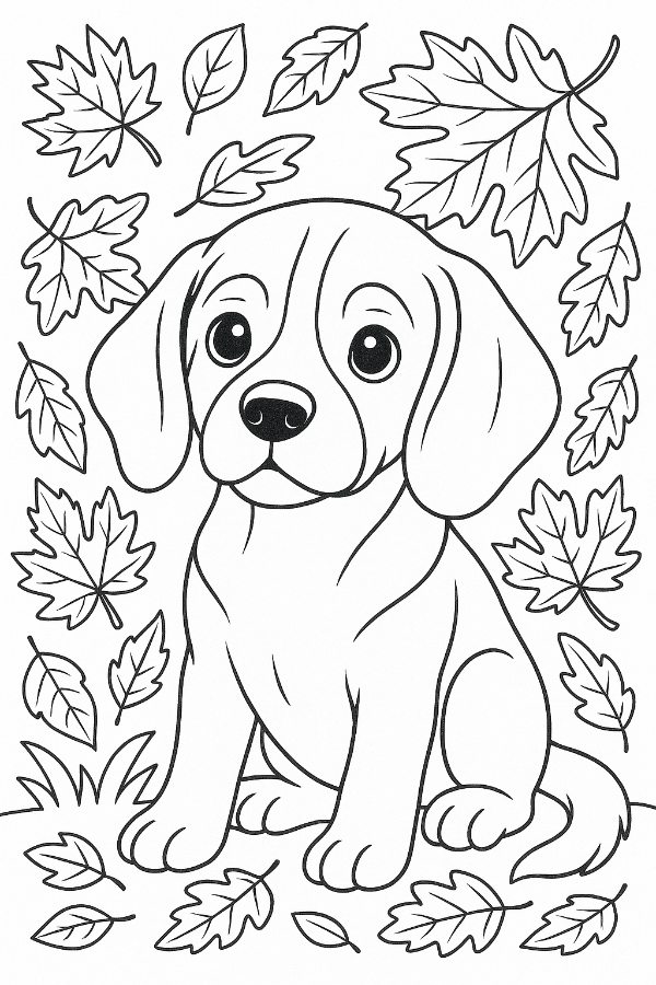 Beagle Puppy with autumn leaves around it Coloring Page