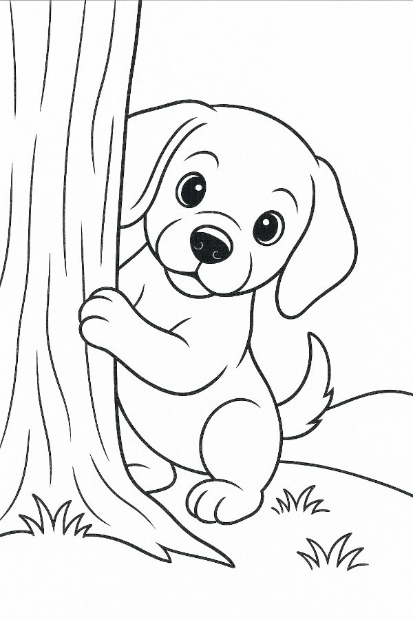 Puppy peeking around a tree Coloring Page