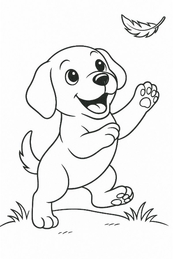 Puppy trying to catch a falling feather Coloring Page