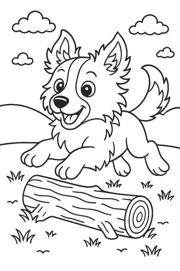 Border Collie Puppy jumping over a small log Coloring Page