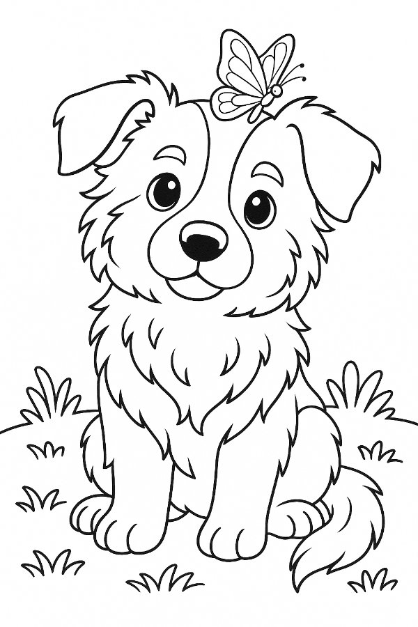 Puppy with a small butterfly sitting on its head Coloring Page
