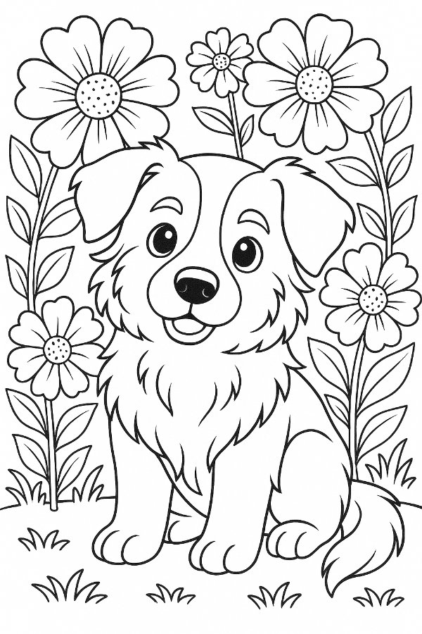 Puppy In a flower field with a few large flowers