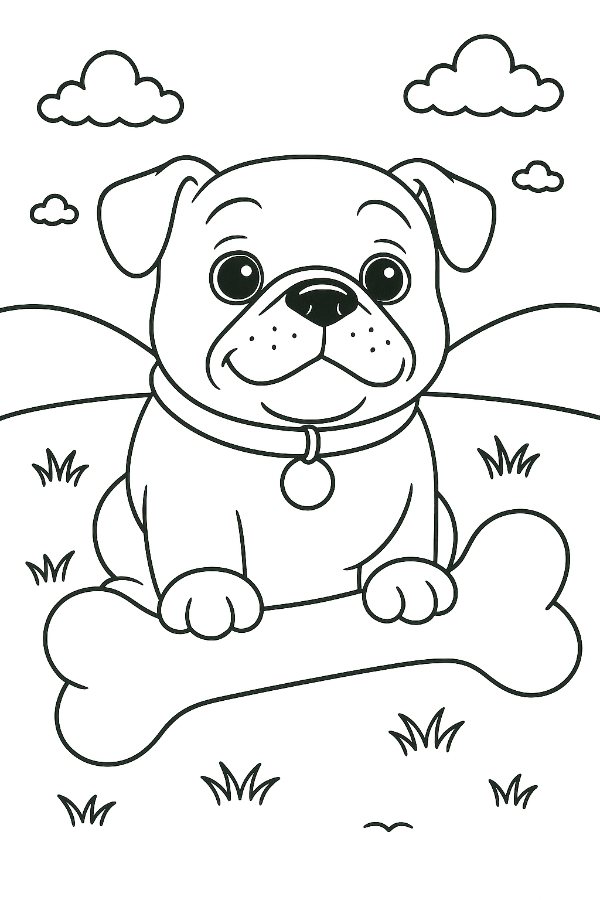 Bulldog Puppy With a Big Bone Coloring Page