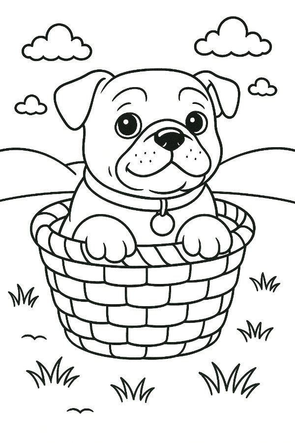 Bulldog Puppy in a Basket Coloring Page