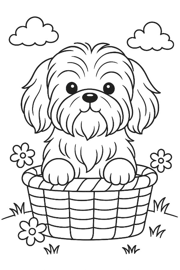 Cute Pupply Sat In A Basket Coloring Page