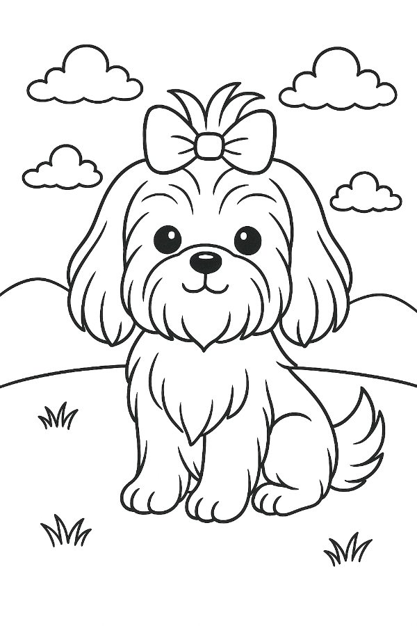 Puppy sitting with a bow on its head Coloring Page