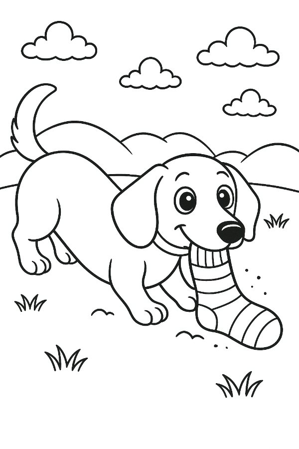 Dachshund Puppy Pulling a Sock Coloring Page