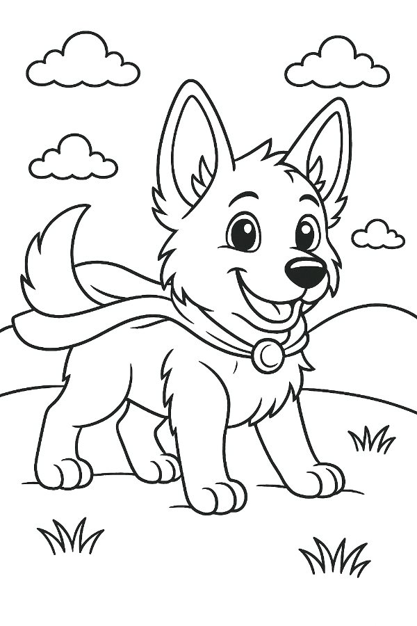 Puppy in a Superhero Cape Coloring Page