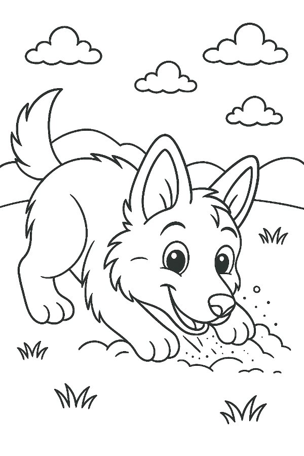 Puppy Digging in the Garden Coloring Page
