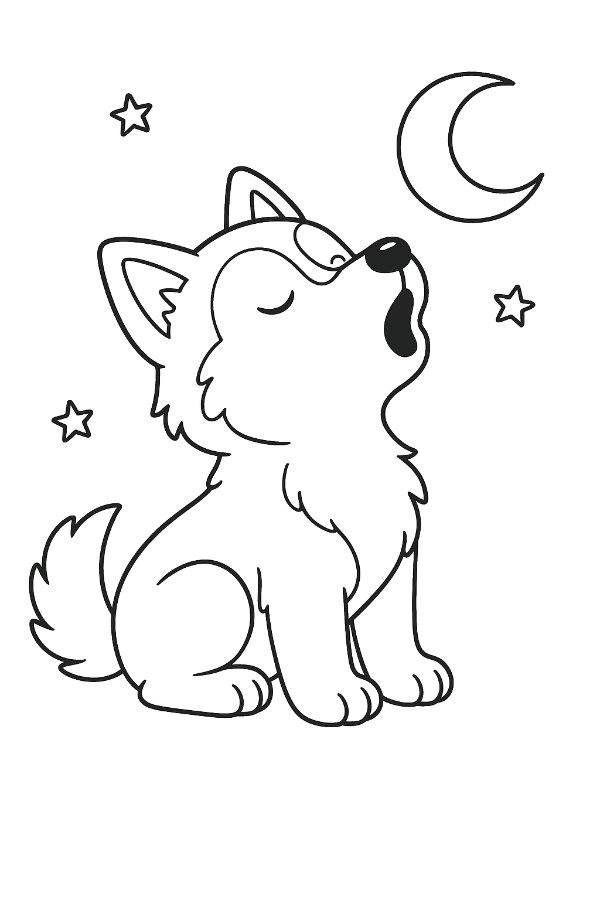 Husky Puppy Howling At A Little Moon Coloring Page