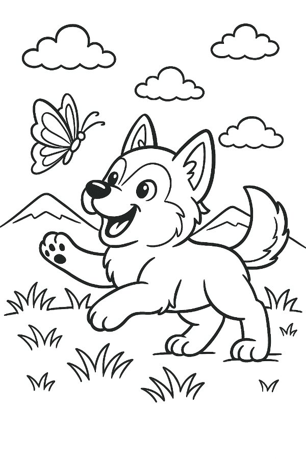 Husky Puppy Chasing A Butterfly Coloring Page
