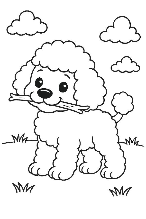 Puppy Poodle Carrying A Stick Coloring Page