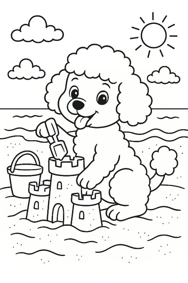 Poodle Puppy On The Beach Building Sandcastles