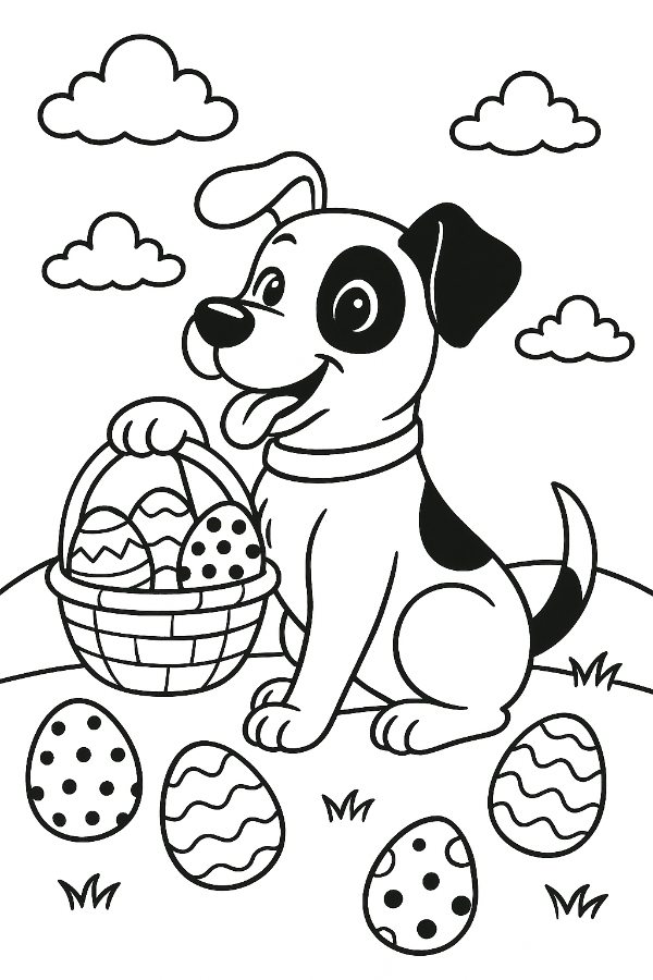 Puppy With Easter Basket And Eggs Coloring Page