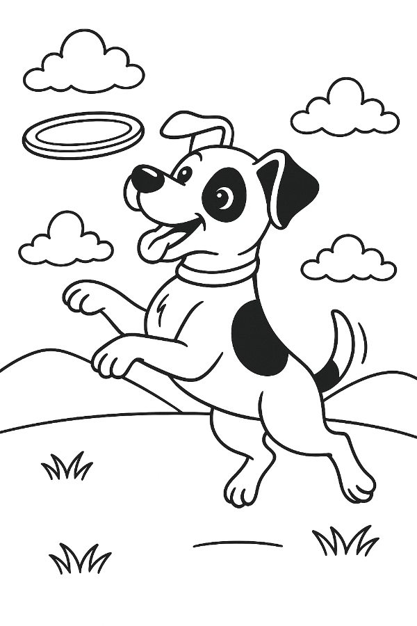 Puppy Jumping To Catch A Frisbee Coloring Page