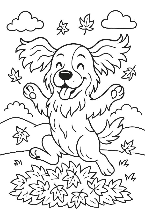 Puppy Playing In Leafs Coloring Page